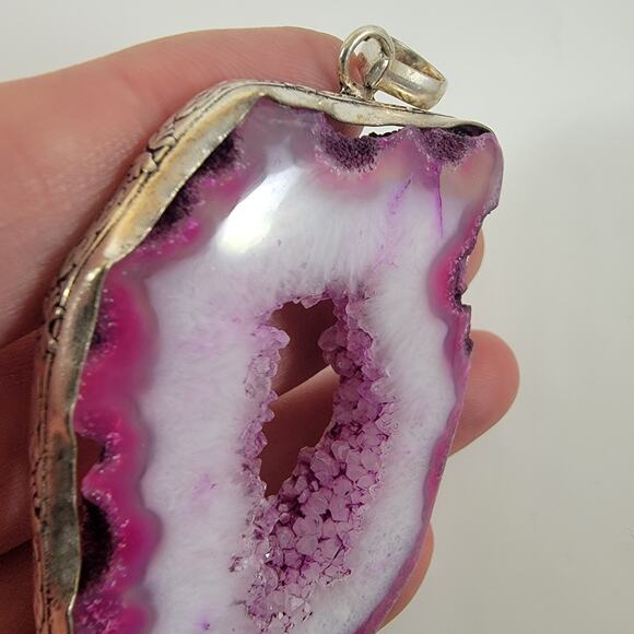 Handmade Silver Pendant – Pink Druzy Agate Slice + 20" Silver Snake Chain - Picture 7 of 10